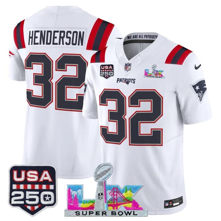 Men's New England Patriots Super Bowl LX & United States 250th Anniversary Patch Vapor Limited Jersey - All TreVeyon Henderson 32