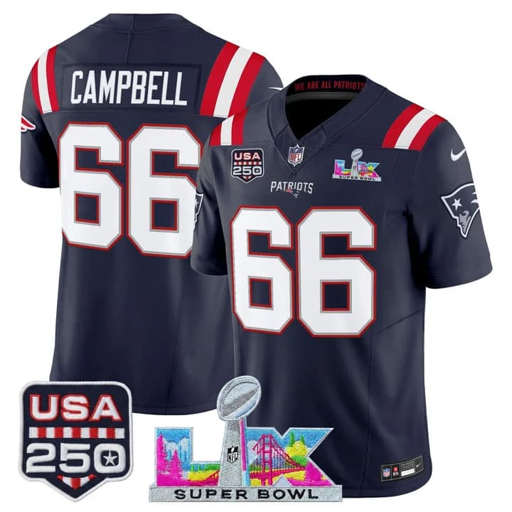 Men's New England Patriots Super Bowl LX & United States 250th Anniversary Patch Vapor Limited Jersey - All Will Campbell    66