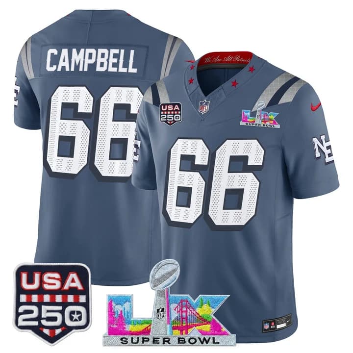 Men's New England Patriots Super Bowl LX & United States 250th Anniversary Patch Vapor Limited Jersey - All Will Campbell