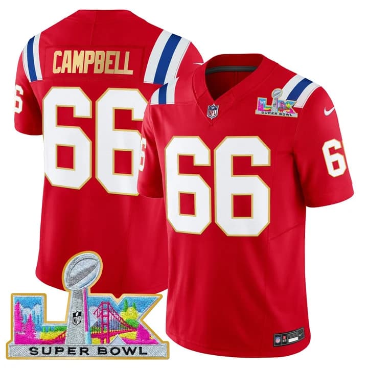 Men's New England Patriots Super Bowl LX Gold Trim Vapor Limited Jersey - All Stitched 66 Will Campbell
