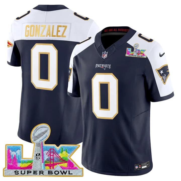 Men's New England Patriots Super Bowl LX Gold Trim Vapor Limited Jersey - All Stitched Christian Gonzalez  0