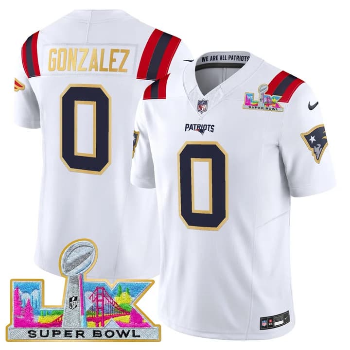 Men's New England Patriots Super Bowl LX Gold Trim Vapor Limited Jersey - All Stitched Christian Gonzalez #  0