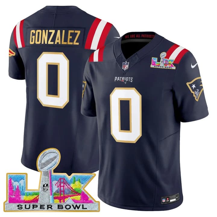 Men's New England Patriots Super Bowl LX Gold Trim Vapor Limited Jersey - All Stitched Christian Gonzalez #0