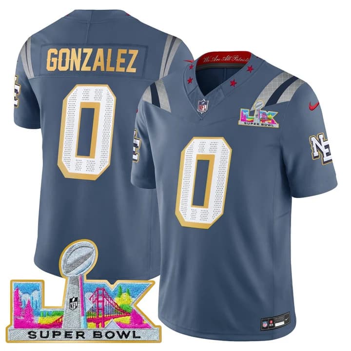 Men's New England Patriots Super Bowl LX Gold Trim Vapor Limited Jersey - All Stitched Christian Gonzalez 0