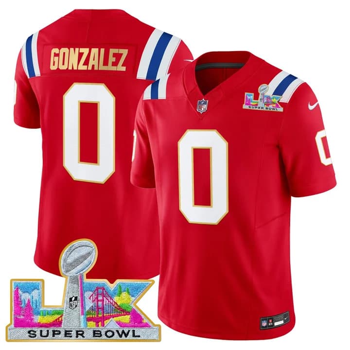 Men's New England Patriots Super Bowl LX Gold Trim Vapor Limited Jersey - All Stitched Christian Gonzalez0