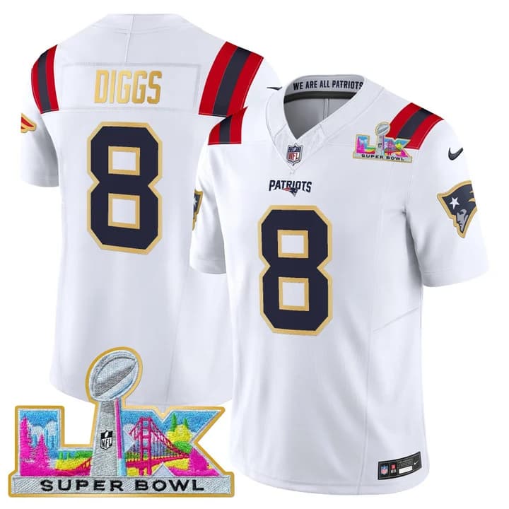 Men's New England Patriots Super Bowl LX Gold Trim Vapor Limited Jersey - All Stitched Stefon Diggs  #8
