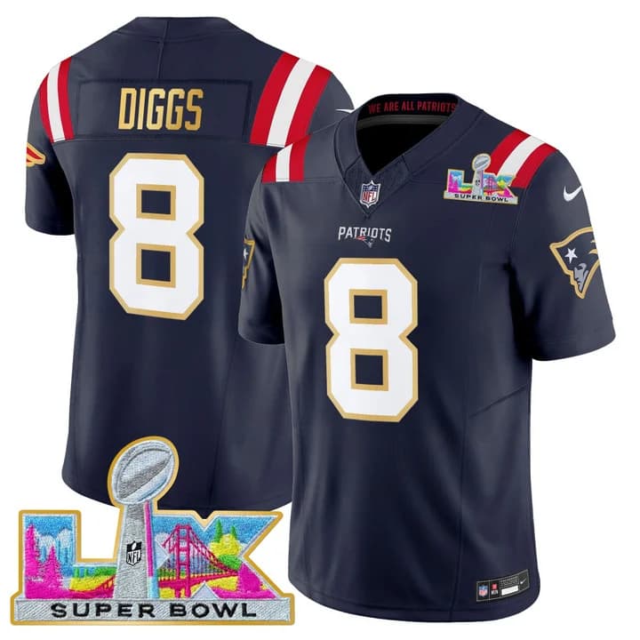 Men's New England Patriots Super Bowl LX Gold Trim Vapor Limited Jersey - All Stitched Stefon Diggs #8