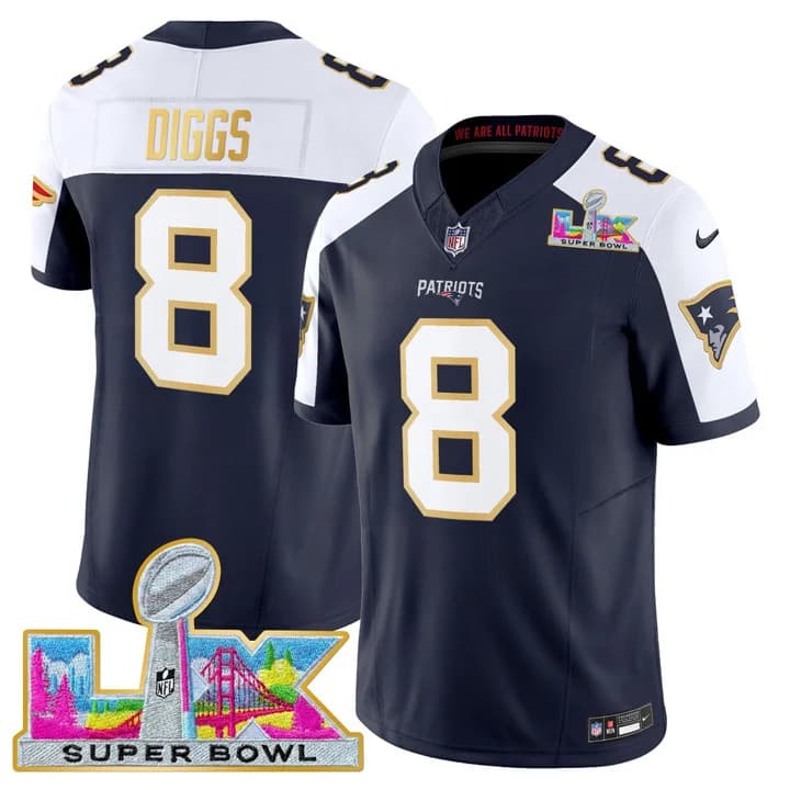 Men's New England Patriots Super Bowl LX Gold Trim Vapor Limited Jersey - All Stitched Stefon Diggs  8