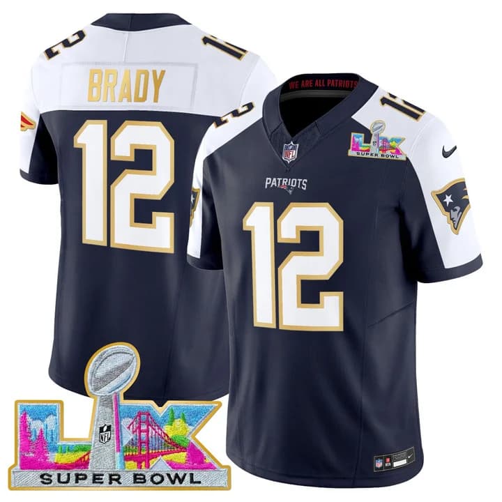 Men's New England Patriots Super Bowl LX Gold Trim Vapor Limited Jersey - All Stitched Tom Brady  12