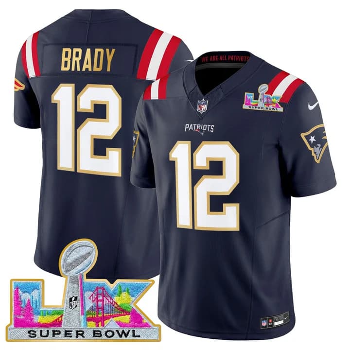 Men's New England Patriots Super Bowl LX Gold Trim Vapor Limited Jersey - All Stitched Tom Brady #12