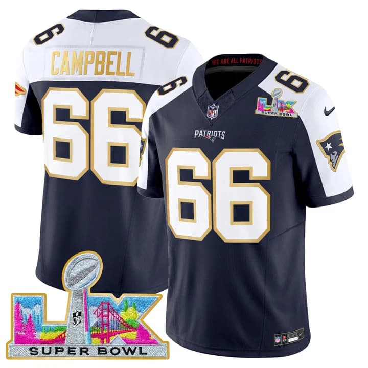 Men's New England Patriots Super Bowl LX Gold Trim Vapor Limited Jersey - All Stitched Will Campbell   66