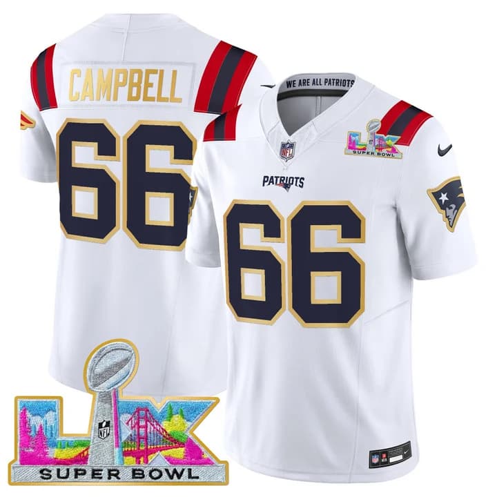 Men's New England Patriots Super Bowl LX Gold Trim Vapor Limited Jersey - All Stitched Will Campbell #66