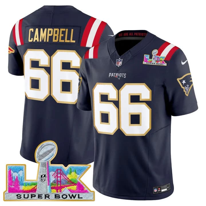Men's New England Patriots Super Bowl LX Gold Trim Vapor Limited Jersey - All Stitched Will Campbell66