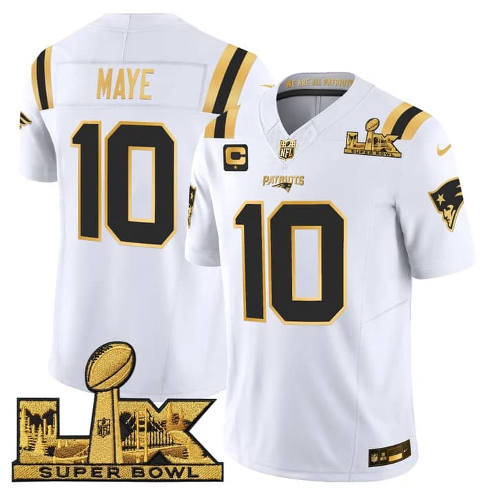 Men's New England Patriots Super Bowl LX Gold Vapor Limited Jersey - All Stitched Drake Maye  10