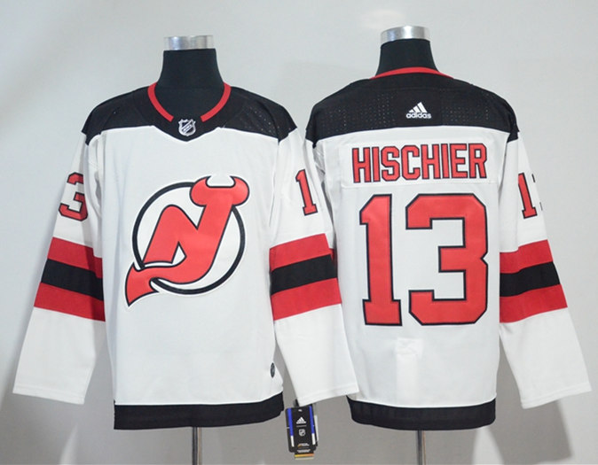 Men's New Jersey Devils #13 Nico Hischier Adidas Away White Jersey Stitched
