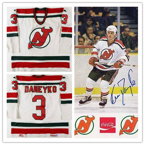 Men's New Jersey Devils #3 Ken Daneyko White 1984-86 Throwback Game Worn Jersey Stitched