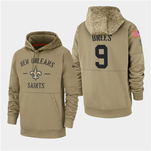 Men's New Orleans Saints #9 Drew Brees 2019 Salute to Service Sideline Therma Hoodie - Tan