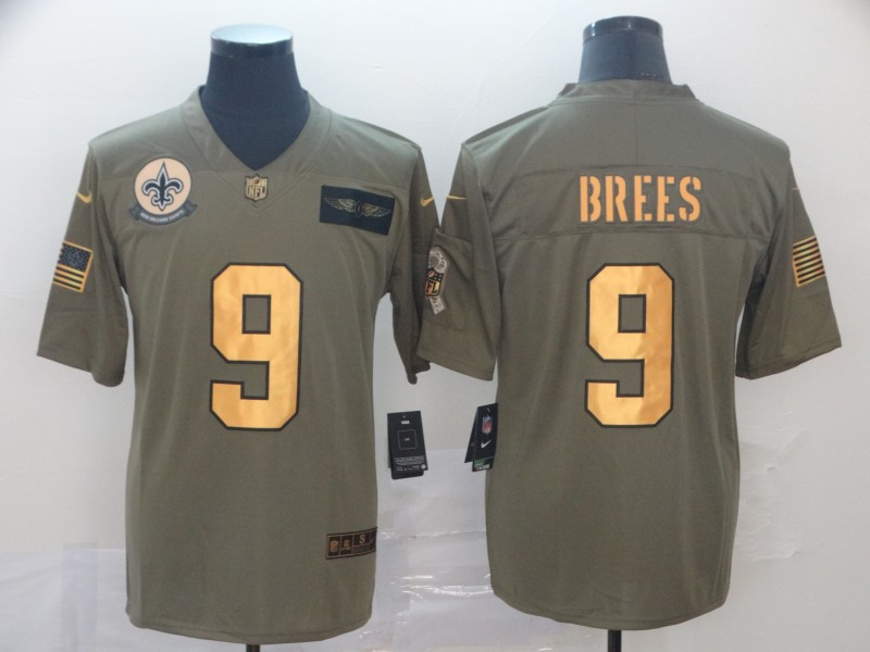 Men's New Orleans Saints #9 Drew Brees Nike Olive Gold 2019 Salute to Service Limited Jersey