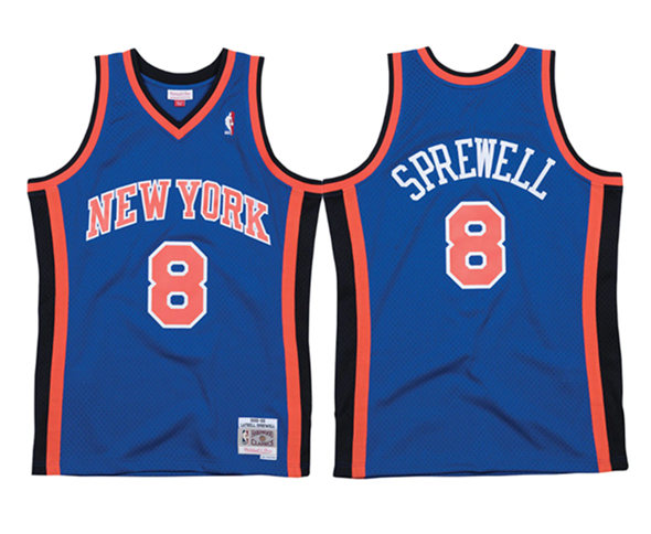 Men's New Yok Knicks #8 Latrell Sprewell Blue Mitchell & Ness 98-99 Road Swingman Stitched Jersey