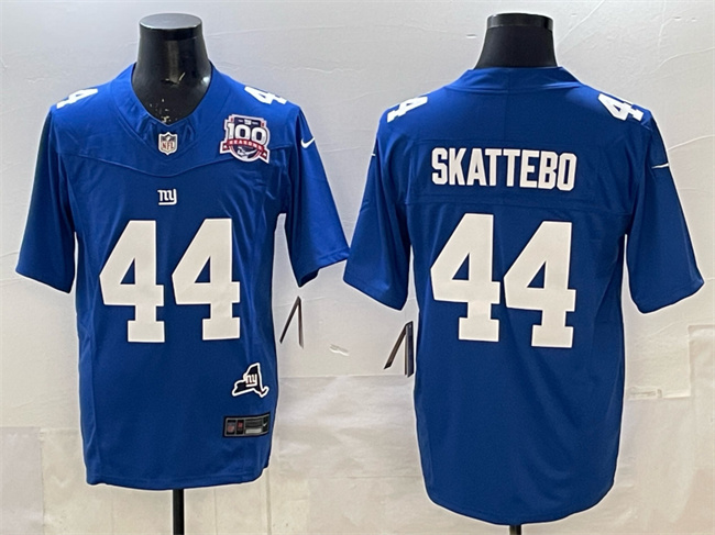 Men's New York Giants #44 Cam Skattebo Royal 2025 Draft F.U.S.E. 100th Season & State Patch Vapor Limited Stitched Football Jersey