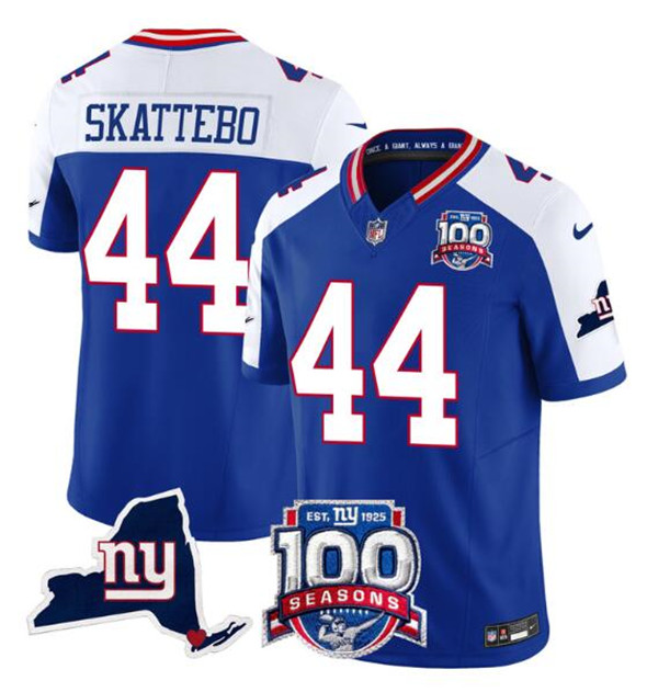 Men's New York Giants #44 Cam Skattebo Royal White 2025 Draft F.U.S.E. 100th Season & State Patch Vapor Limited Football Stitched Jersey