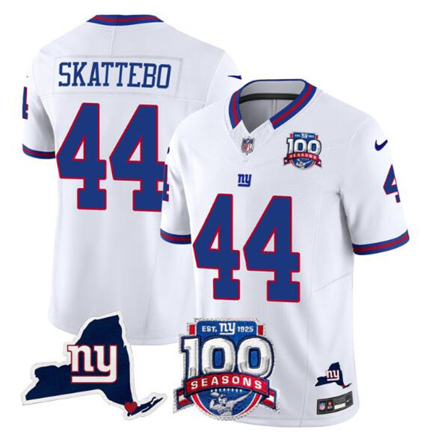 Men's New York Giants #44 Cam Skattebo White 2025 Draft F.U.S.E. 100th Season & State Patch Vapor Limited Football Stitched Jersey