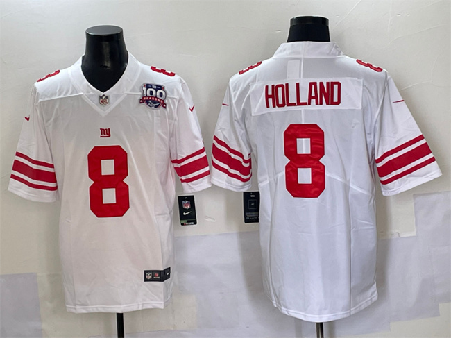 Men's New York Giants #8 Jevon Holland White 2025 With 100th Season Patch Vapor Untouchable Limited Stitched Jersey