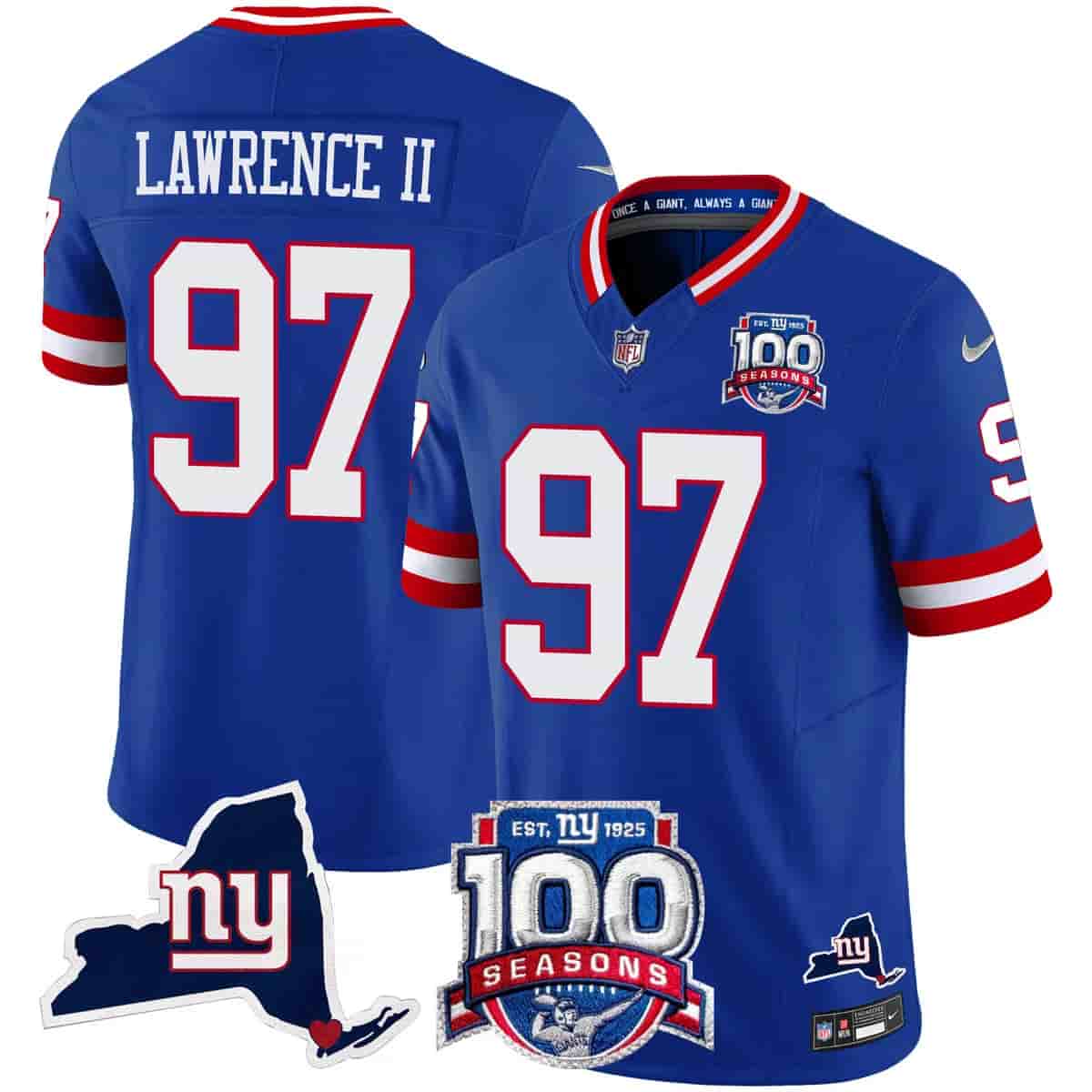 Men's New York Giants 100th Season & State Patch Vapor Limited Jersey - All Stitched 97Dexter Lawrence II