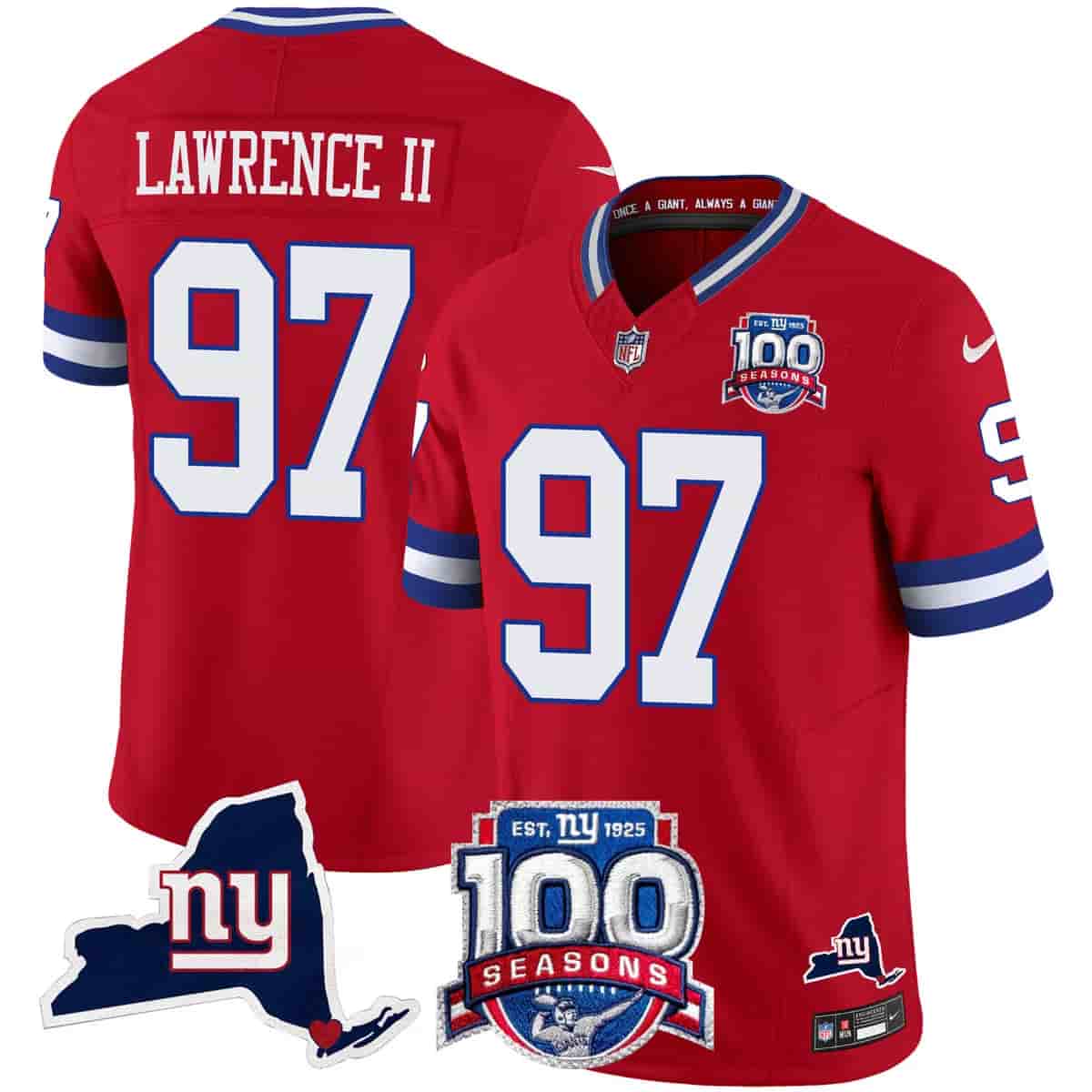 Men's New York Giants 100th Season & State Patch Vapor Limited Jersey - All Stitched Dexter Lawrence II    97