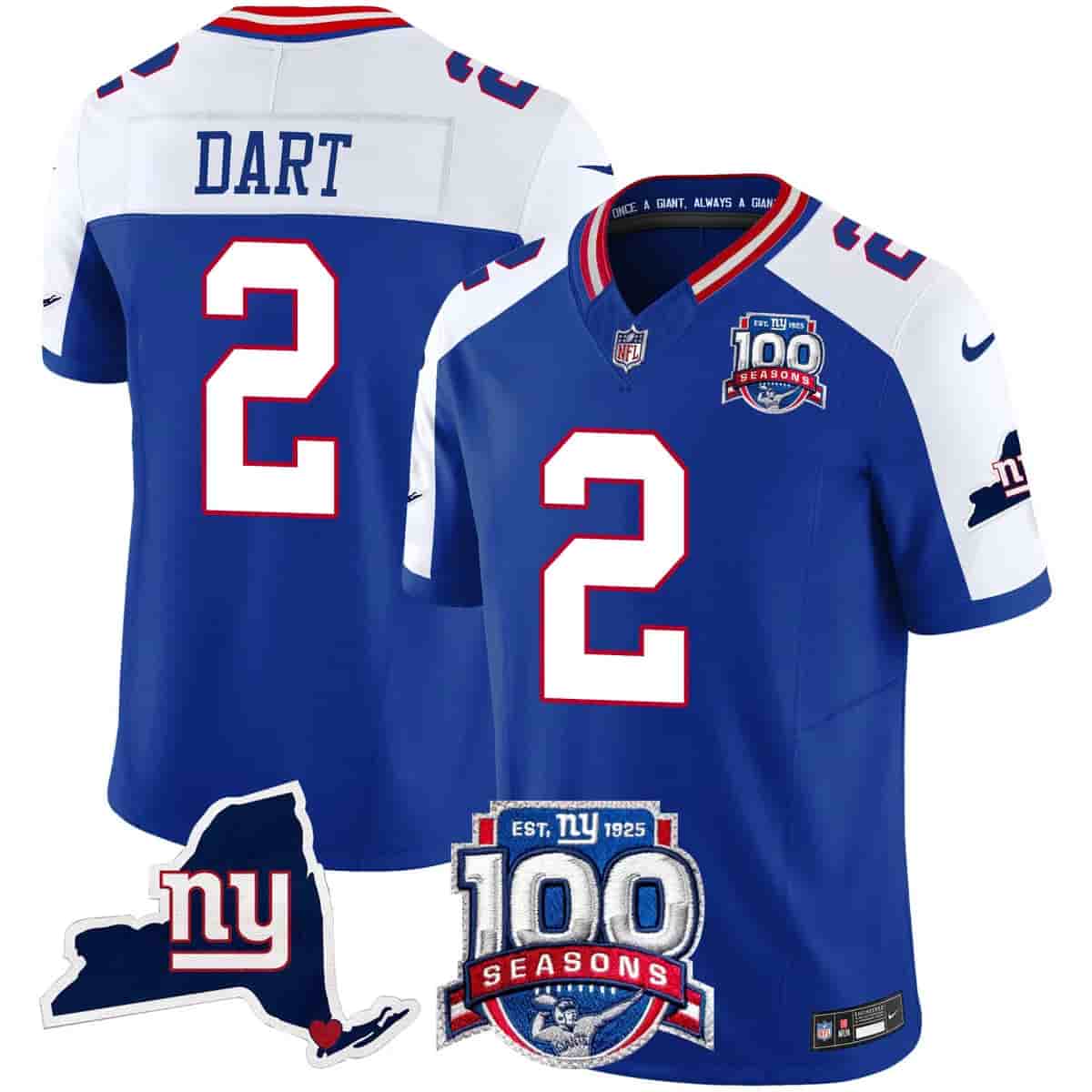 Men's New York Giants 100th Season & State Patch Vapor Limited Jersey - All Stitched Jaxson Dart  2