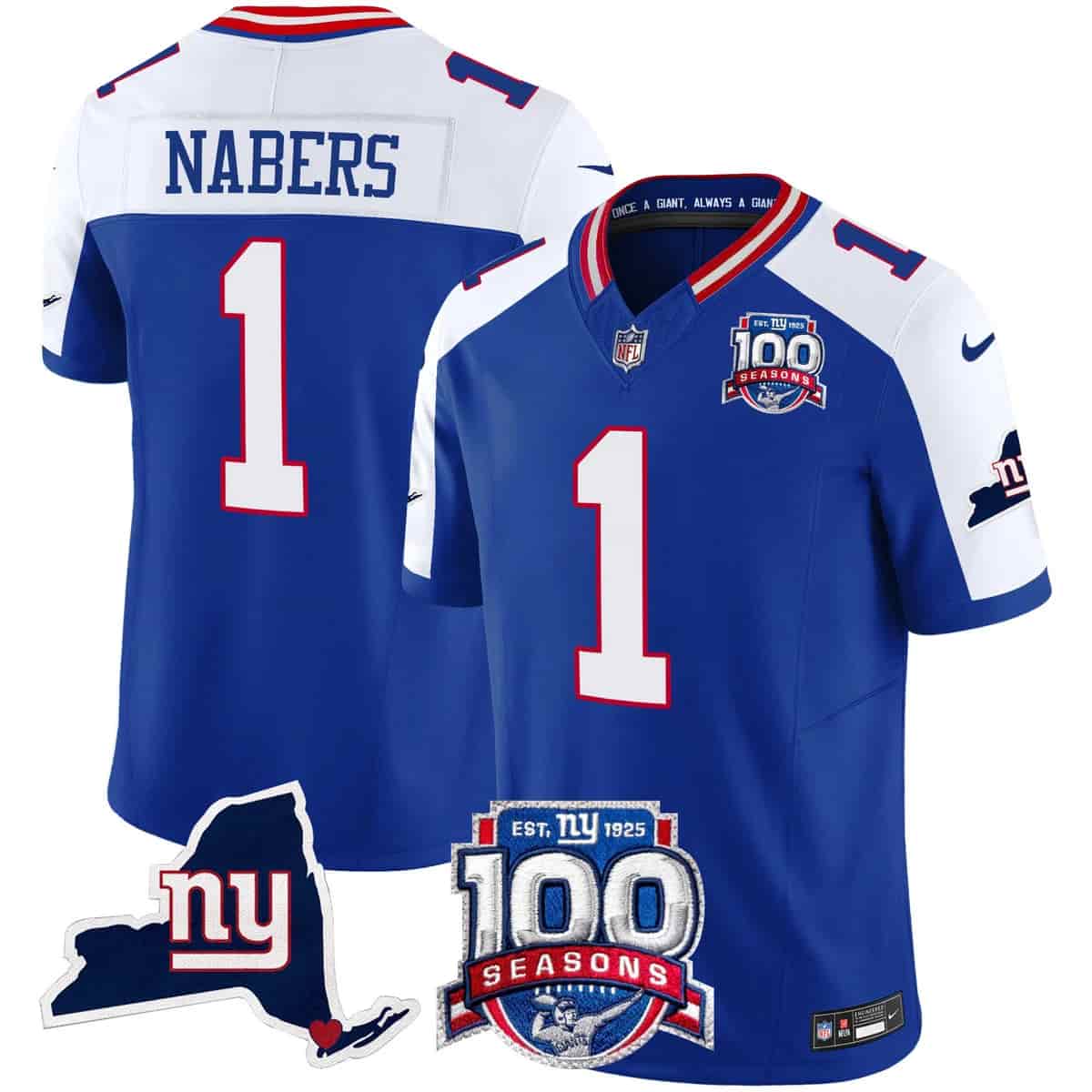 Men's New York Giants 100th Season & State Patch Vapor Limited Jersey - All Stitched Malik Nabers 1
