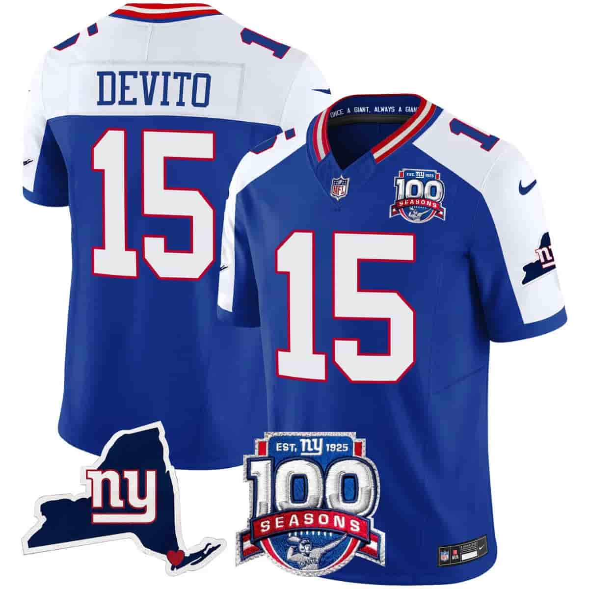 Men's New York Giants 100th Season & State Patch Vapor Limited Jersey - All Stitched Tommy DeVito 15