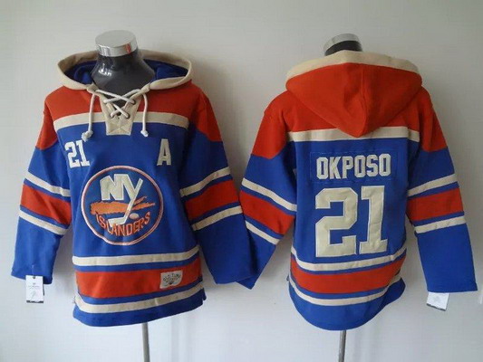 Men's New York Islanders #21 Kyle Okposo Old Time Hockey Home Light Blue Hoodie Stitched