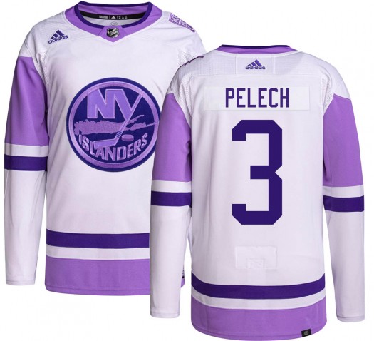 Men's New York Islanders #3 Adam Pelech 2021-22 White Purple Hockey Fights Cancer Primegreen Jersey Stitched