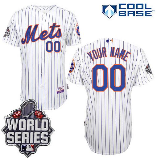 Men's New York Mets  Authentic Personalized 2015 World Series Patch Home White Jersey