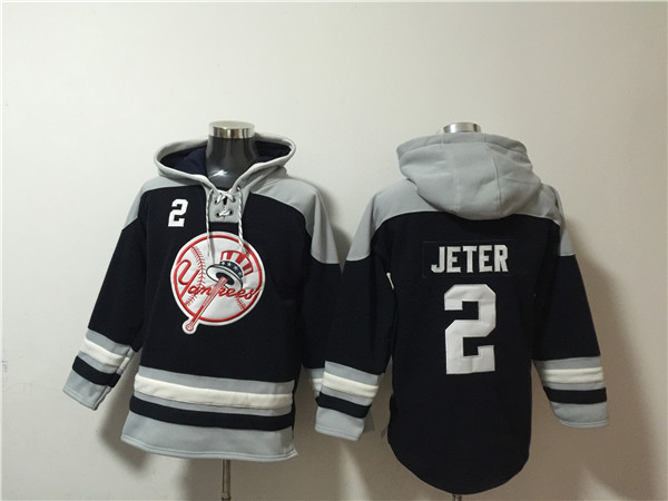 Men's New York Yankees #2 Derek Jeter Black Grey Ageless Must-Have Lace-Up Pullover Hoodie