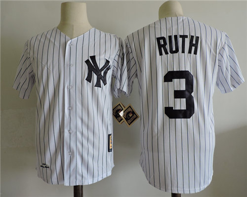 Men's New York Yankees #3 BABE RUTH White With Name 75TH Patch Cooperstown Collection Player Jersey