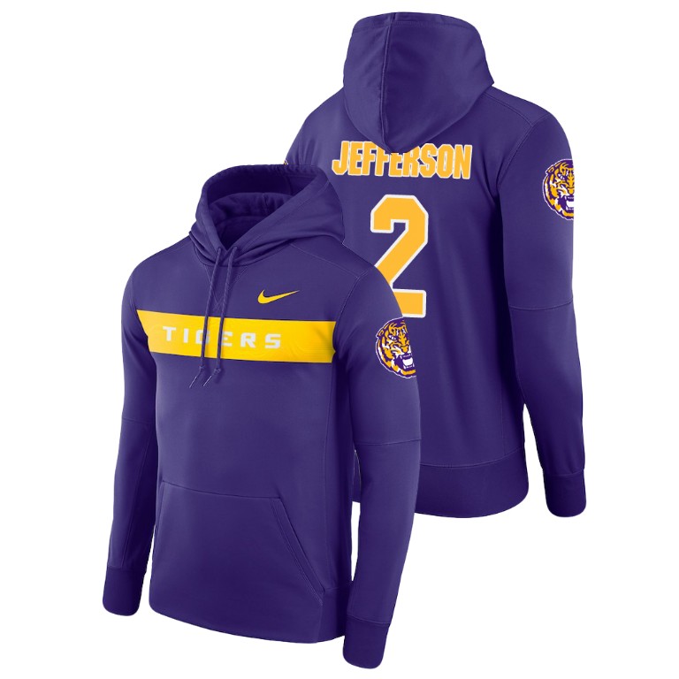 Men's Nike #2 Justin Jefferson LSU Tigers Football Performance Purple Sideline Seismic Hoodie