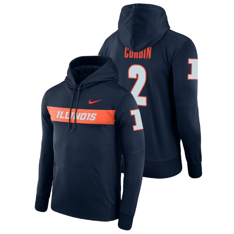 Men's Nike #2 Reggie Corbin Illinois Fighting Illini Football Performance Navy Sideline Seismic Hoodie