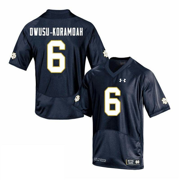 Men's Notre Dame Fighting Irish #6 Jeremiah Owusu-Koramoah NCAA Authentic Under Armour Navy College Football Game Jersey