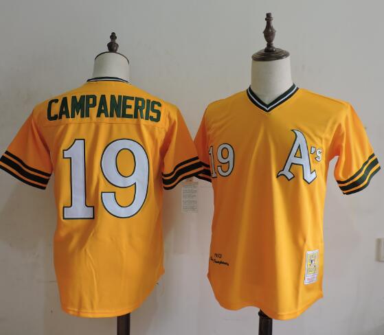 Men's Oakland Athletics #19 Bert Campaneris 1972 Mitchell & Ness Yellow Pullover Cooperstown Throwback Baseball Jersey