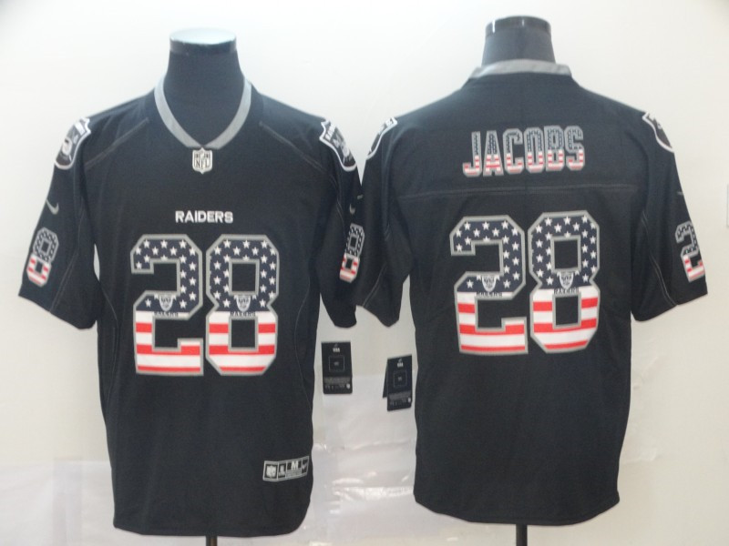Men's Oakland Raiders #28 Josh Jacobs Nike USA Flag Fashion Black Color Rush Limited Jersey
