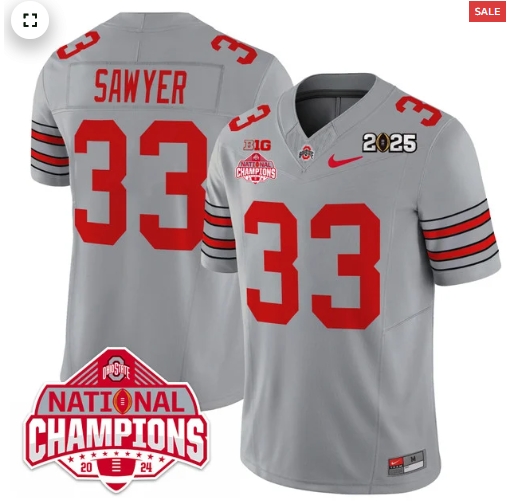 Men's Ohio State Buckeyes 'Heritage Stripe' 2025 CFP Patch - National Champions Jersey - All  GRAY Jack Sawyer - 33