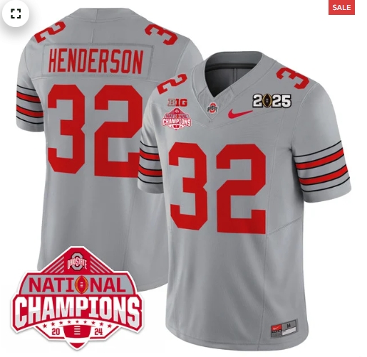 Men's Ohio State Buckeyes 'Heritage Stripe' 2025 CFP Patch - National Champions Jersey - All  GRAY Treveyon Henderson - 32