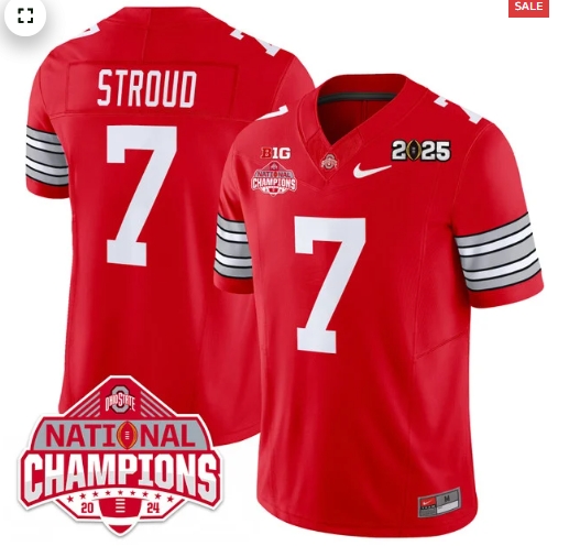 Men's Ohio State Buckeyes 'Heritage Stripe' 2025 CFP Patch - National Champions Jersey - All Stitched RED   C J Stroud - 7