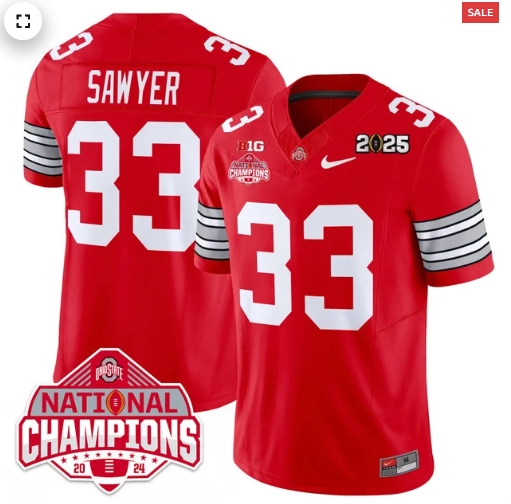 Men's Ohio State Buckeyes 'Heritage Stripe' 2025 CFP Patch - National Champions Jersey - All Stitched RED  Jack Sawyer - 33