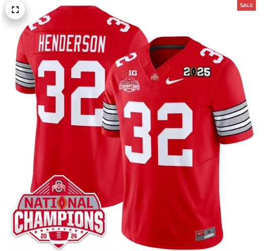 Men's Ohio State Buckeyes 'Heritage Stripe' 2025 CFP Patch - National Champions Jersey - All Stitched RED  Treveyon Henderson - 32