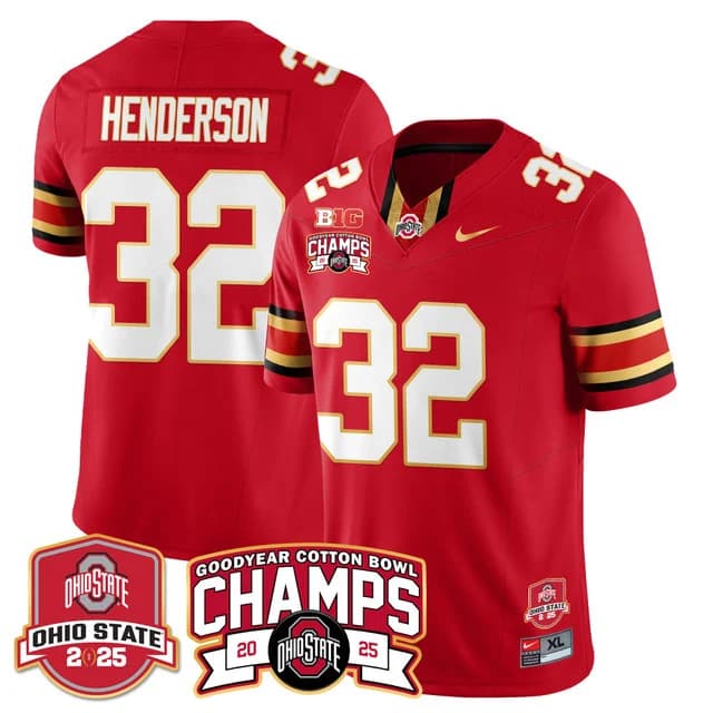 Men's Ohio State Buckeyes 2024 Cotton Bowl Champions Gold Jersey N5 - All Stitched Henderson - 32