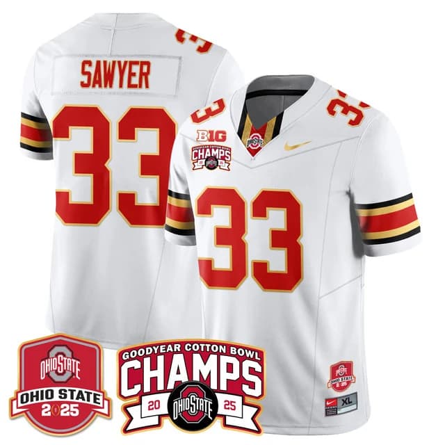 Men's Ohio State Buckeyes 2024 Cotton Bowl Champions Gold Jersey N5 - All Stitched Jack Sawyer - #33