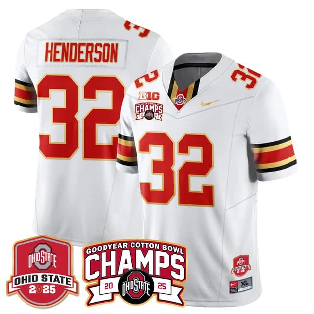 Men's Ohio State Buckeyes 2024 Cotton Bowl Champions Gold Jersey N5 - All Stitched TreVeyon Henderson  - #32
